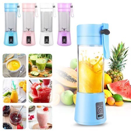 Portable blender with fruit juice and various fruits on a white background