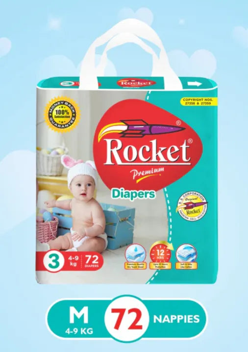 Package of Rocket Premium Diapers with a baby on a light blue background