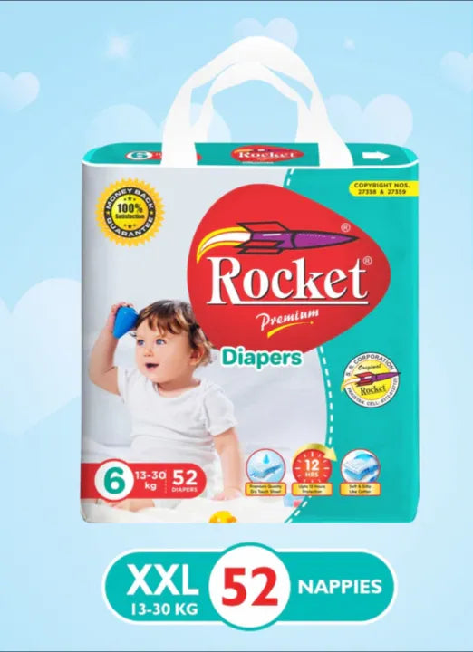 Rocket diaper package with a child on the label against a light blue background