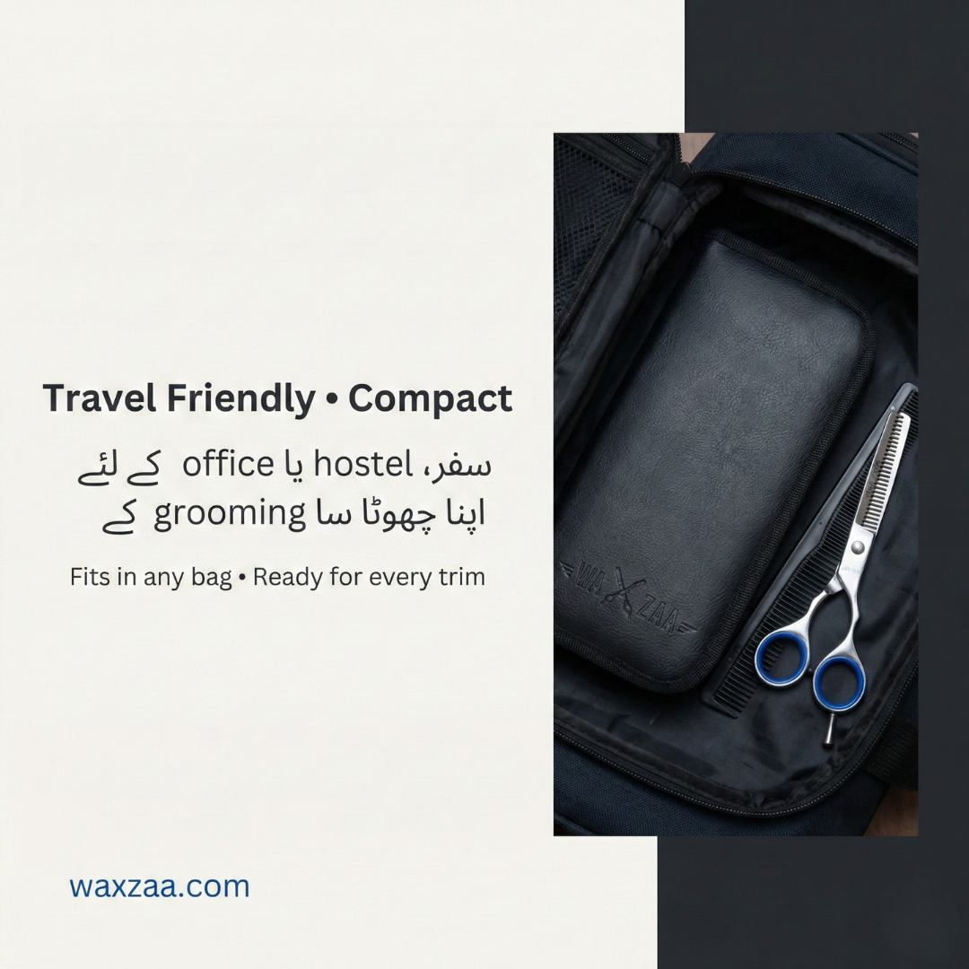 Black grooming kit with scissors in a case, suitable for travel, on a white background with text about travel friendliness and compactness.