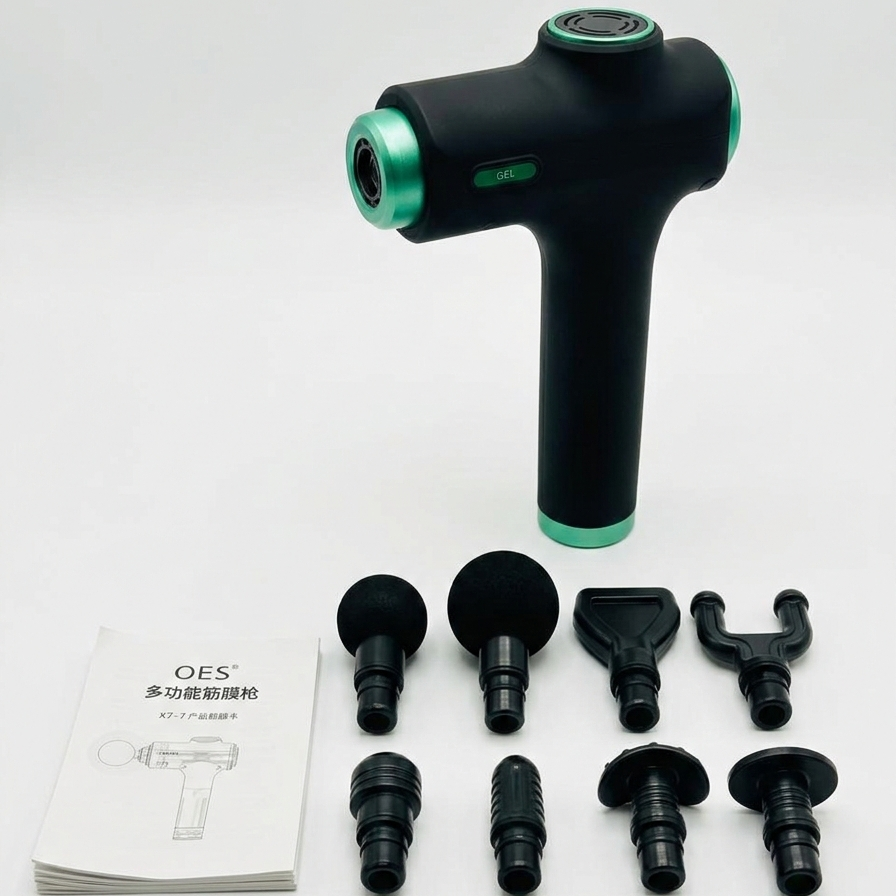 Black massage gun with multiple attachments on a white background