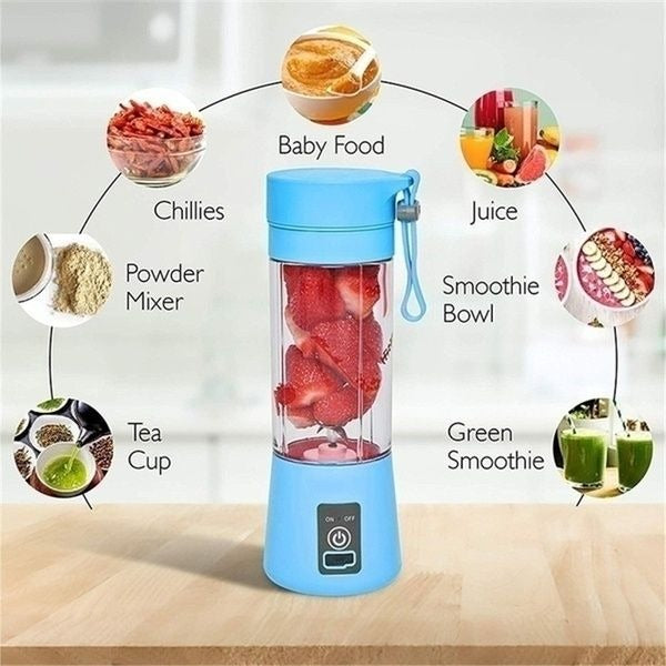 Blue portable blender with various food items and uses displayed around it on a light background