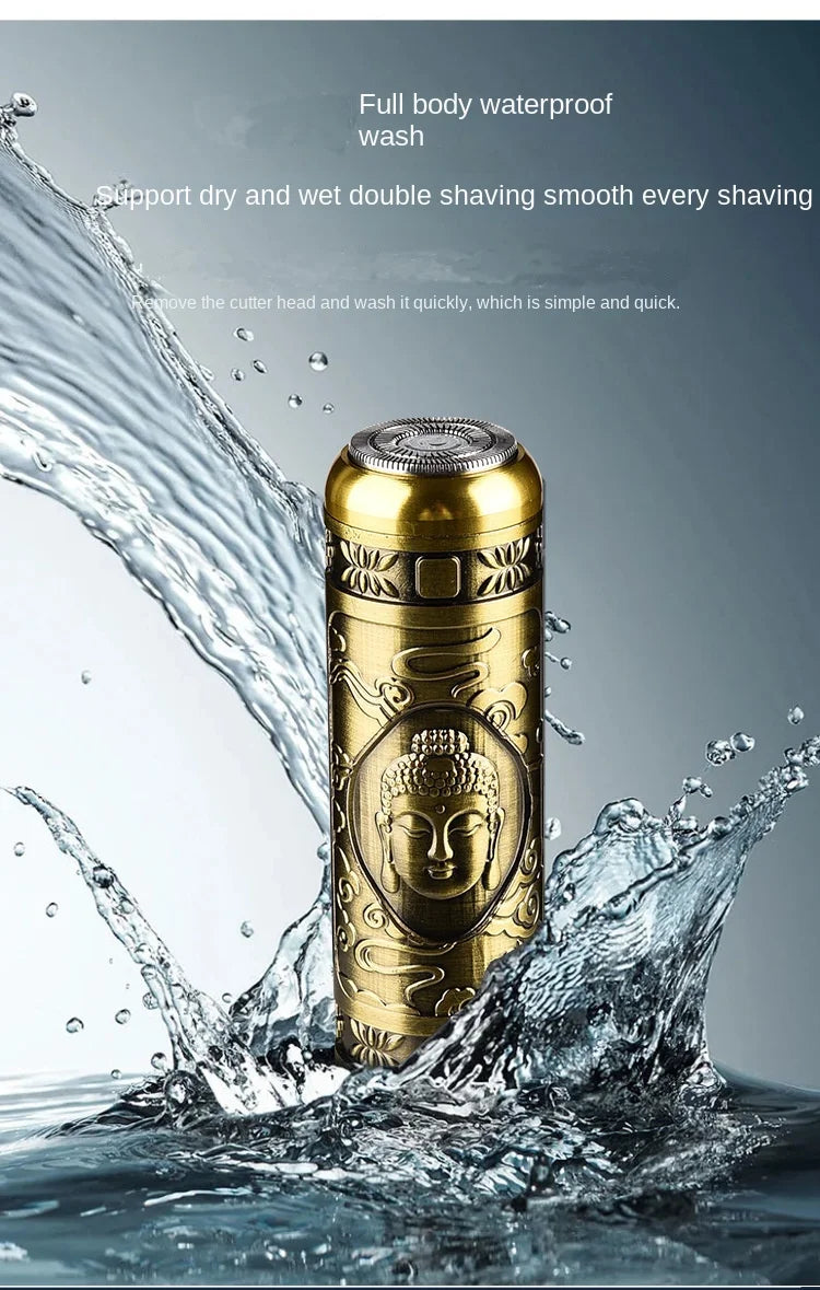 Gold cylindrical product with Buddha design surrounded by water splashes on a gray background