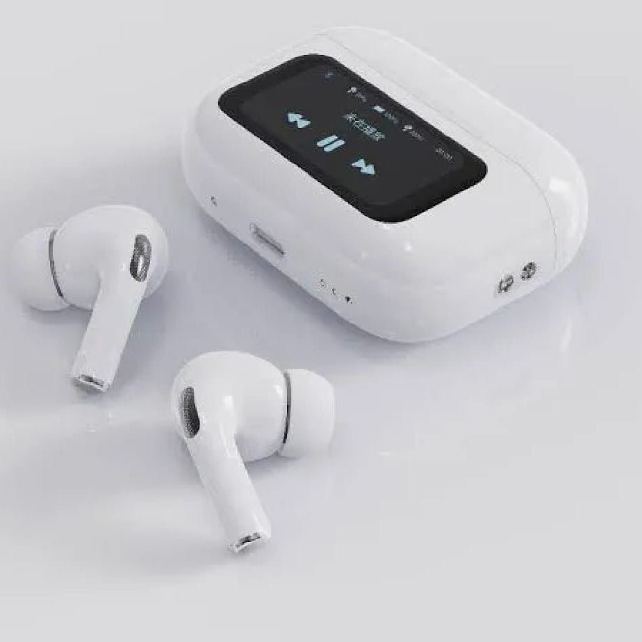 White wireless earbuds with a charging case on a light gray background