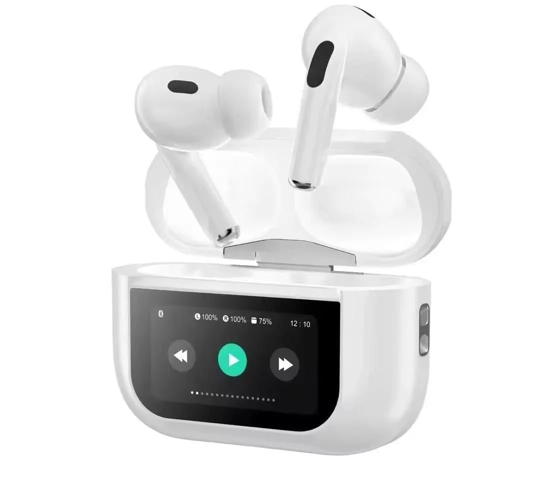 White wireless earbuds with charging case on a white background