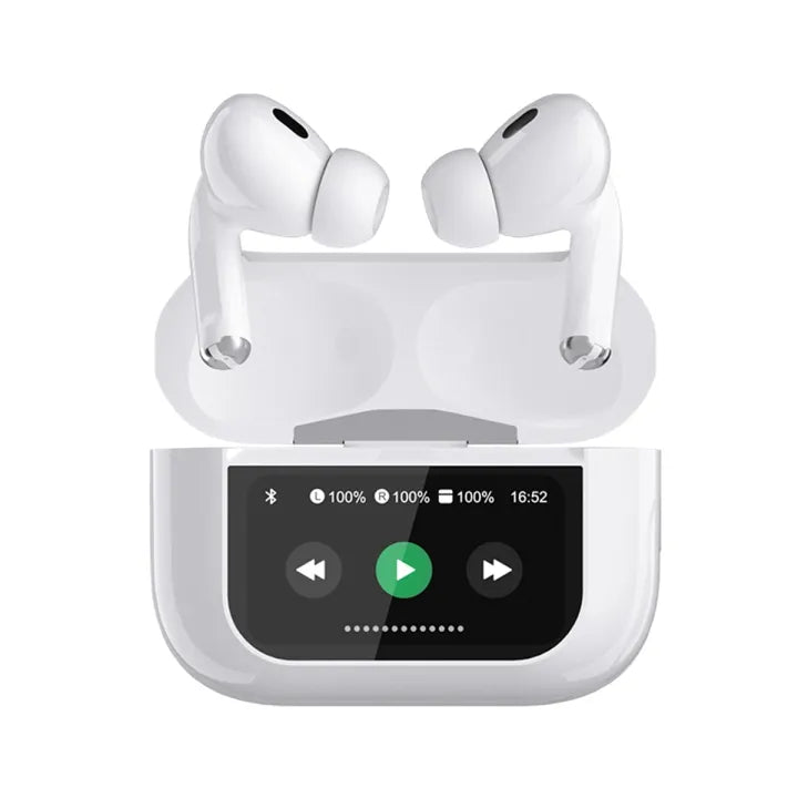 Wireless earbuds with charging case displaying battery levels and time on a white background