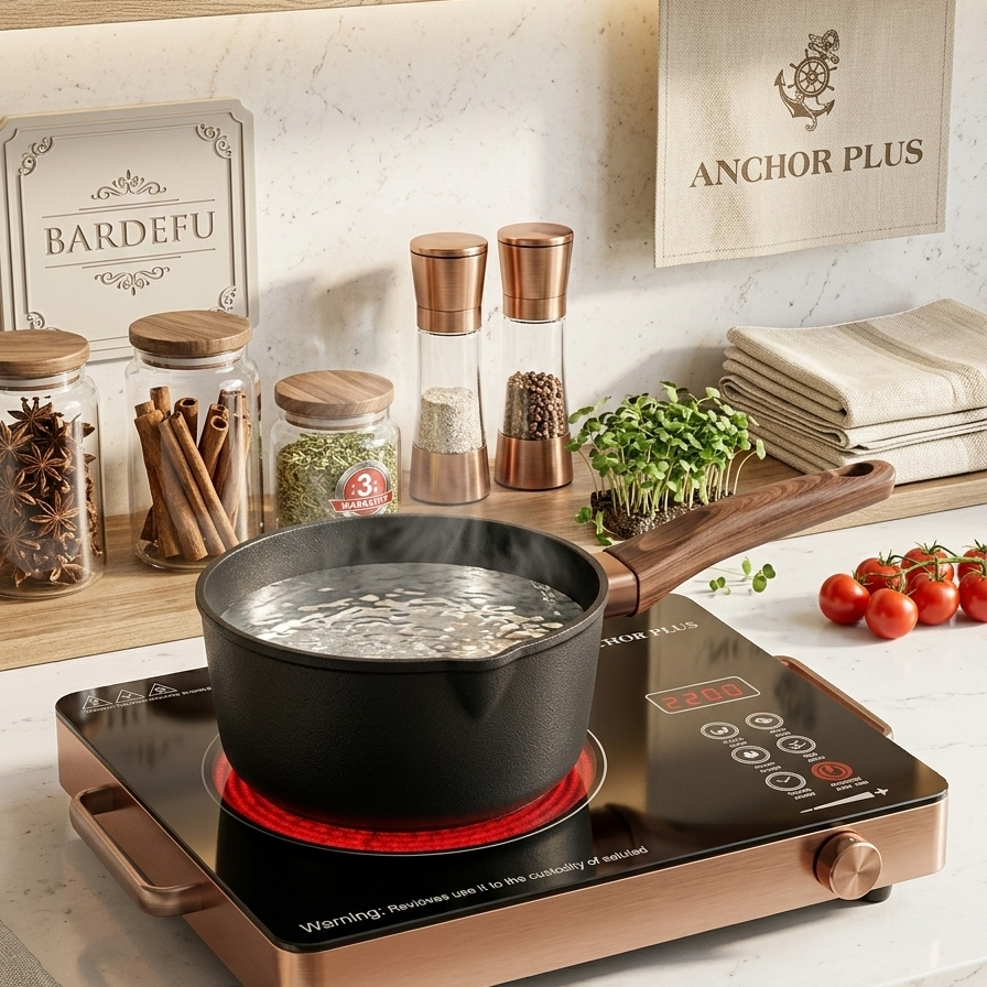 Induction cooktop with pot on a kitchen counter, featuring brand names Bardefu and Anchor Plus.