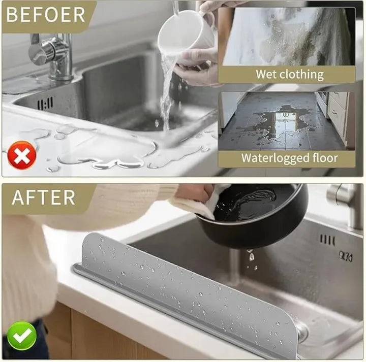 Before and after comparison of a kitchen sink with a drain cover preventing water from entering the sink.