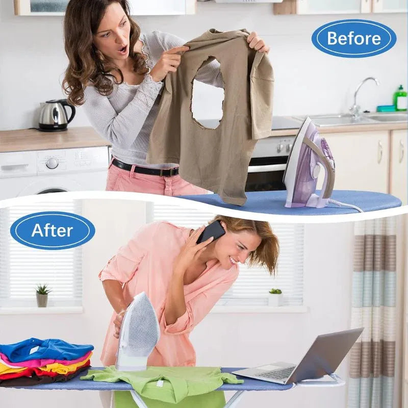 Before and after comparison of a woman ironing clothes on an ironing board.