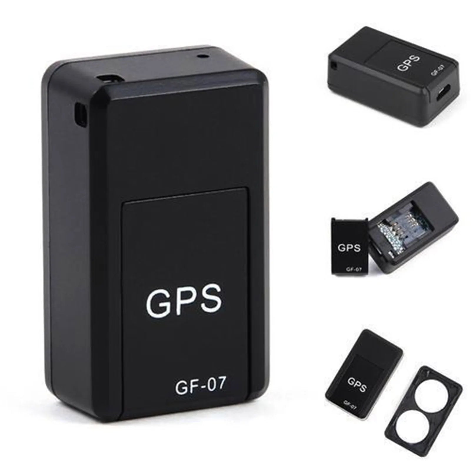 Black GPS tracker with 'GF-07' model number on a white background
