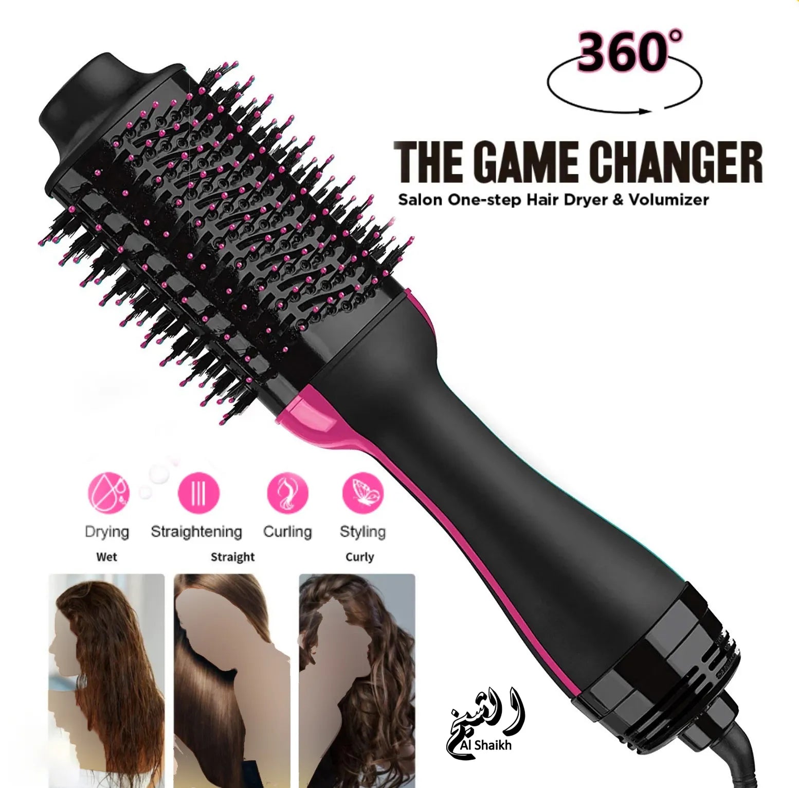 Black and pink hair dryer and volumizer with text '360° The Game Changer' on a white background.