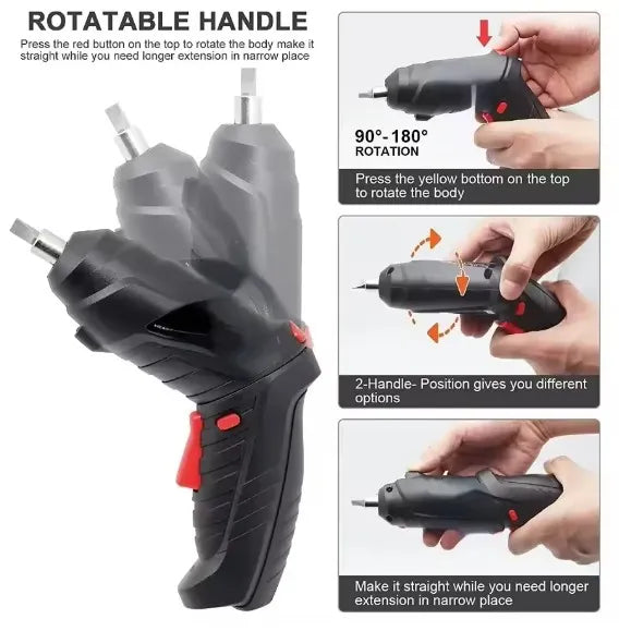 Black and red rotary tool with rotatable handle features and usage instructions.