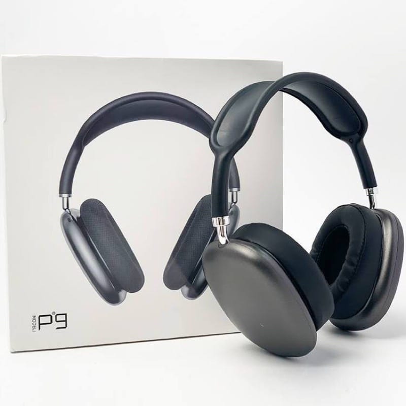 Black headphones with 'P9' branding on a white background