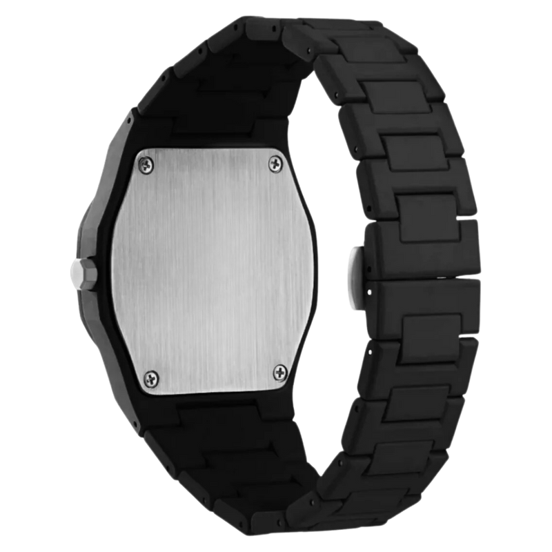Black metal watch with a silver face on a white background