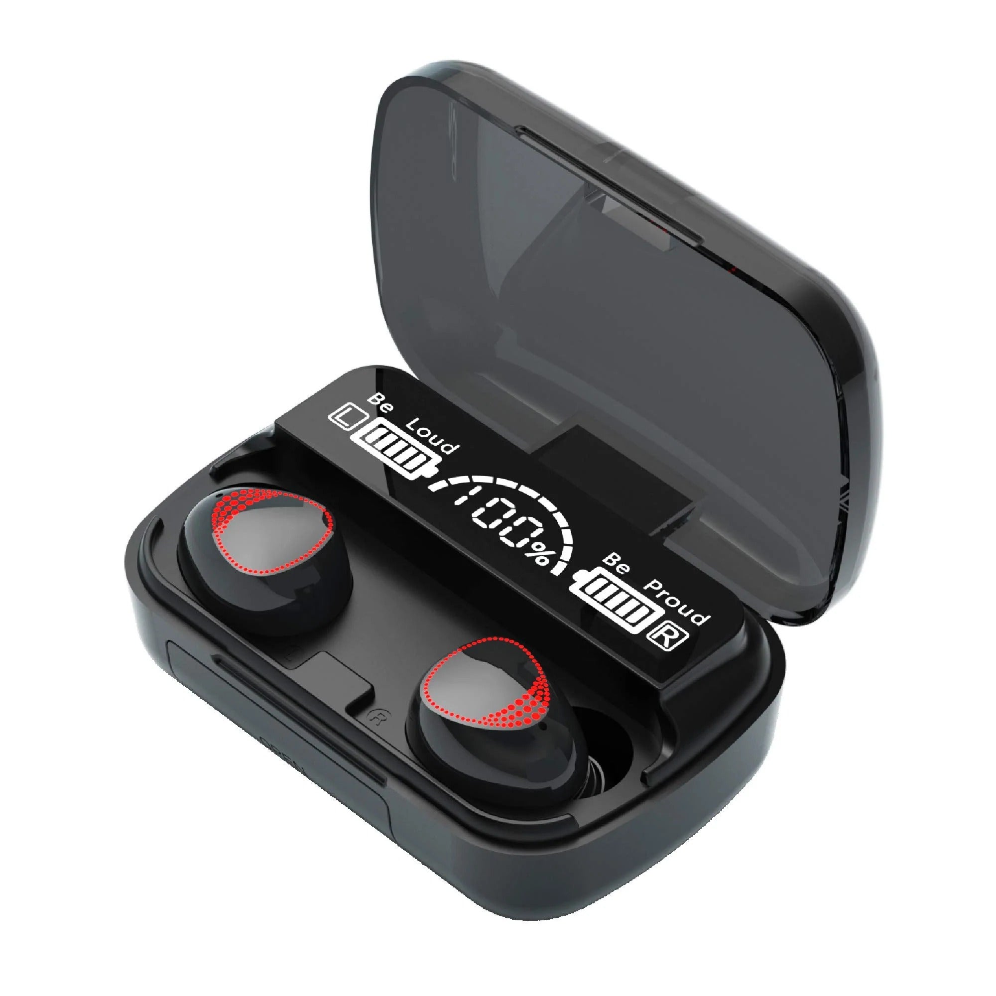 Black wireless earbuds with charging case on a white background