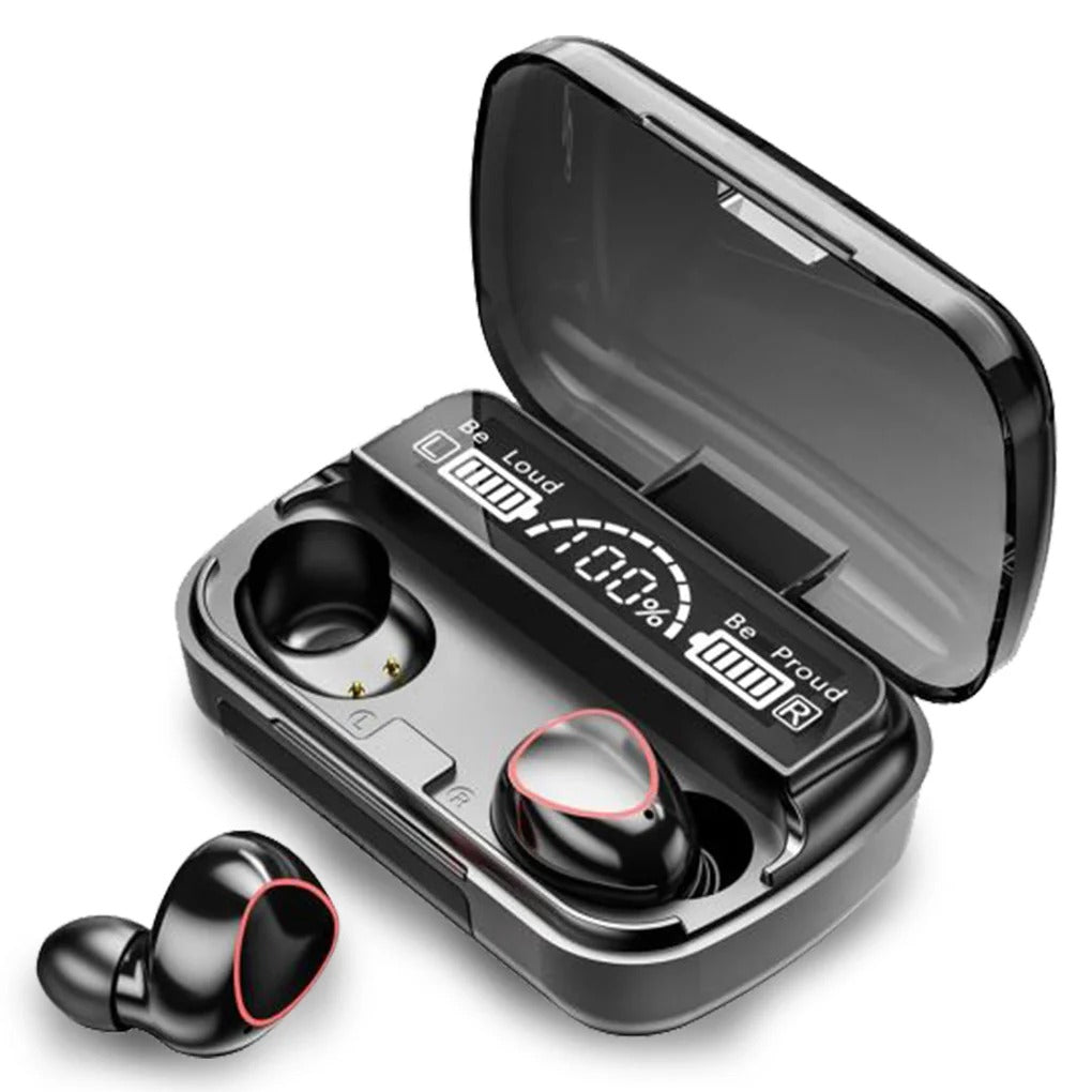 Black wireless earbuds with charging case on a white background