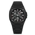 Black wristwatch with detailed face on a white background