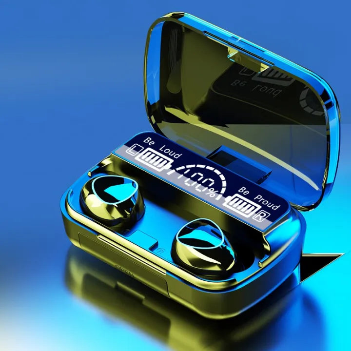 Blue and gold wireless earbuds with charging case on a blue gradient background