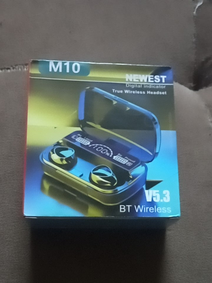 Box of M10 wireless headphones with blue and green design on a dark surface