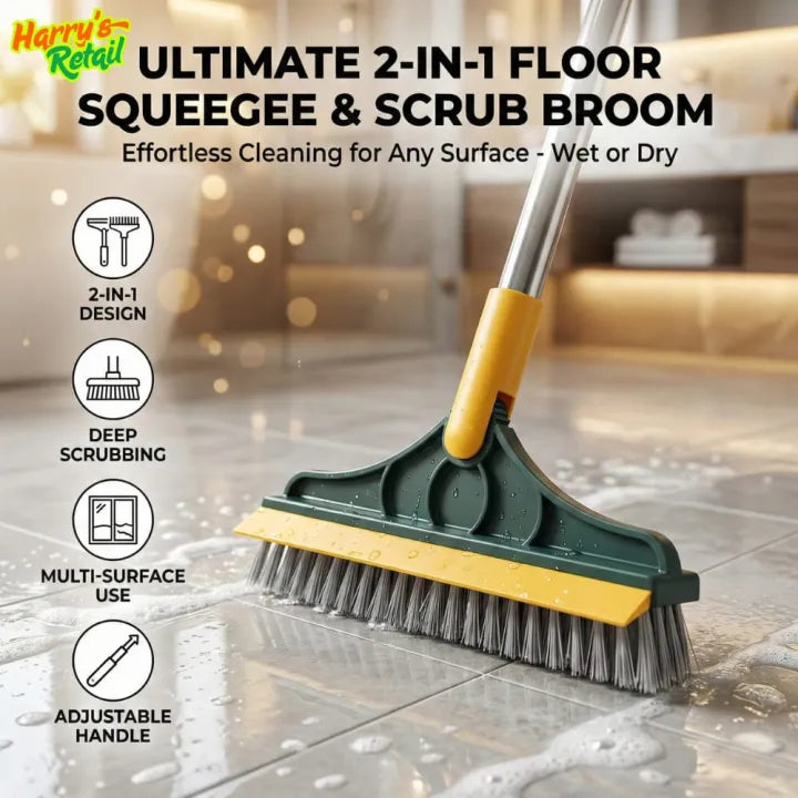 Floor squeegee and scrub broom with cleaning action on a floor, featuring Harry's Retail branding.