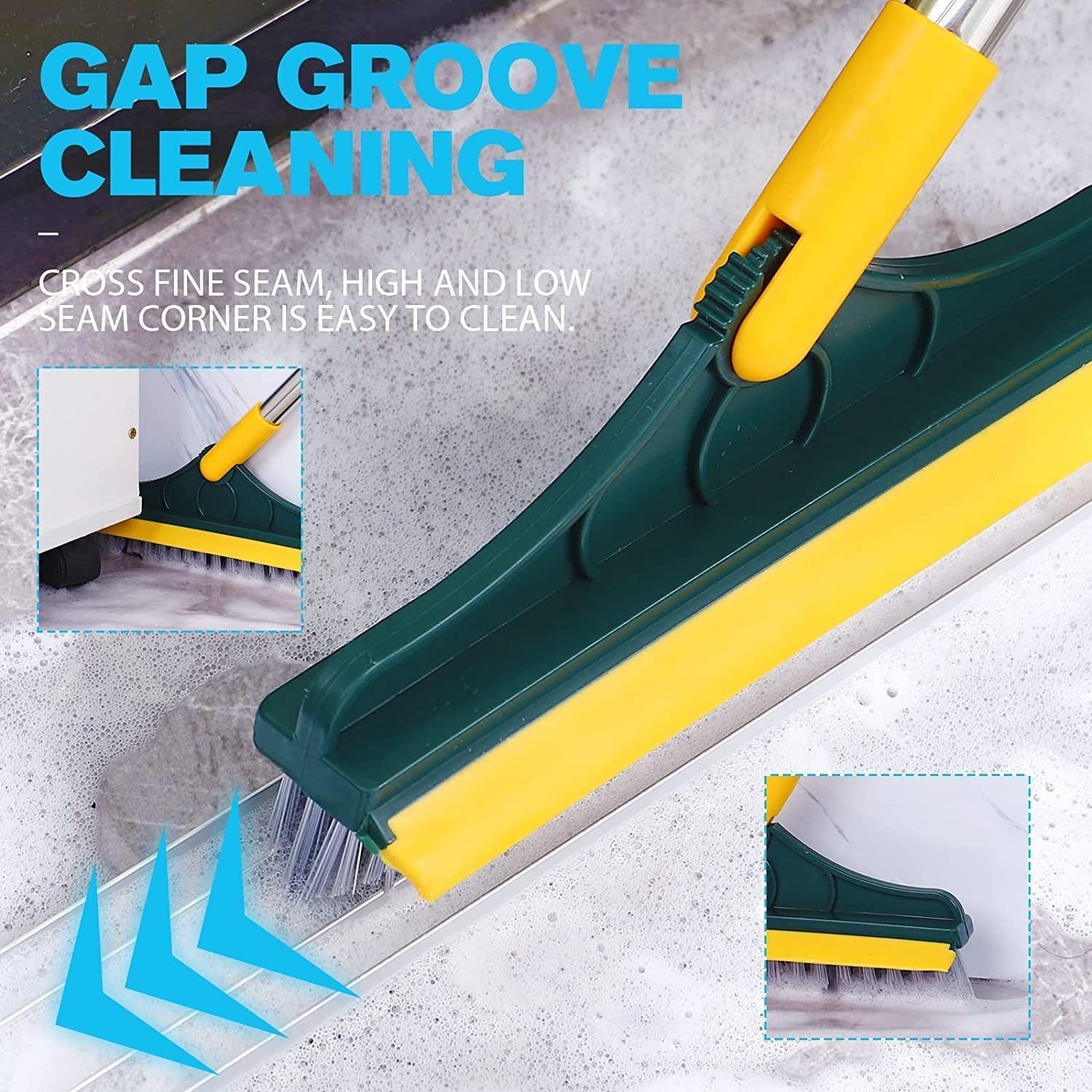 Cleaning tool with green and yellow handle cleaning gaps and seams on a concrete surface.