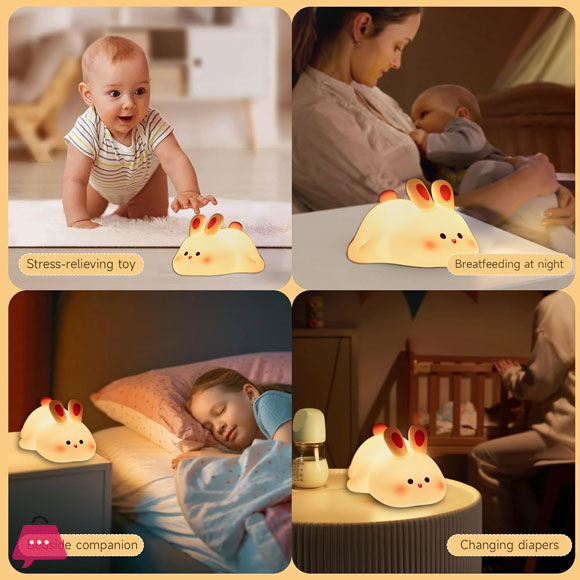 Collage of a baby, woman, and child with a night light, labeled as stress-relieving toy, breastfeeding at night, and changing diapers.