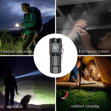 Collage of a flashlight being used in various scenarios including outdoor adventure, emergency repairs, night walk, and outdoor camping.