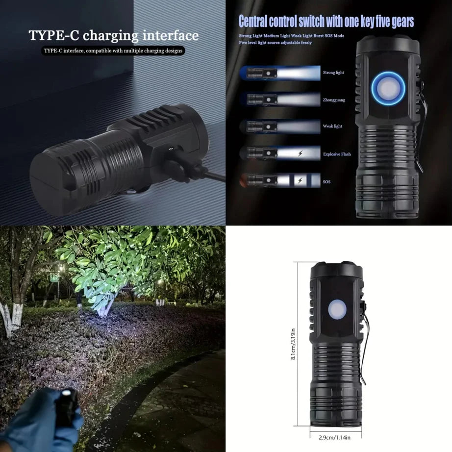 Collage of a flashlight with Type-C charging interface, multiple light modes, usage in a dark setting, and dimensions.