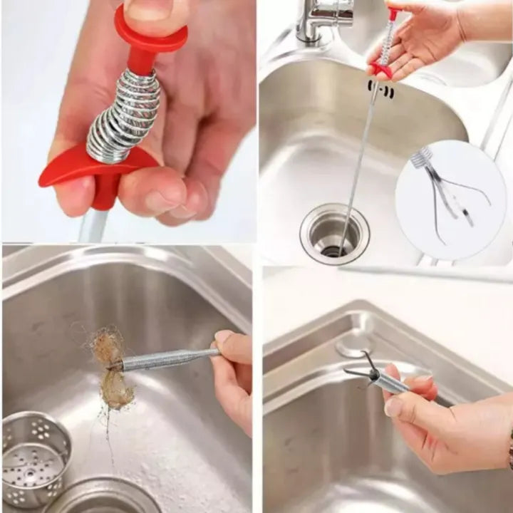 Collage of a plumbing tool being used to clear a clogged sink.