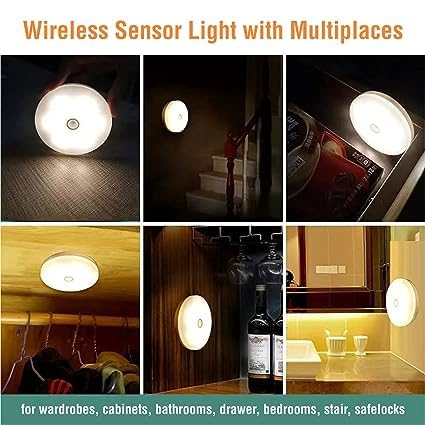 Collage of a wireless sensor light in various settings with text indicating its uses.