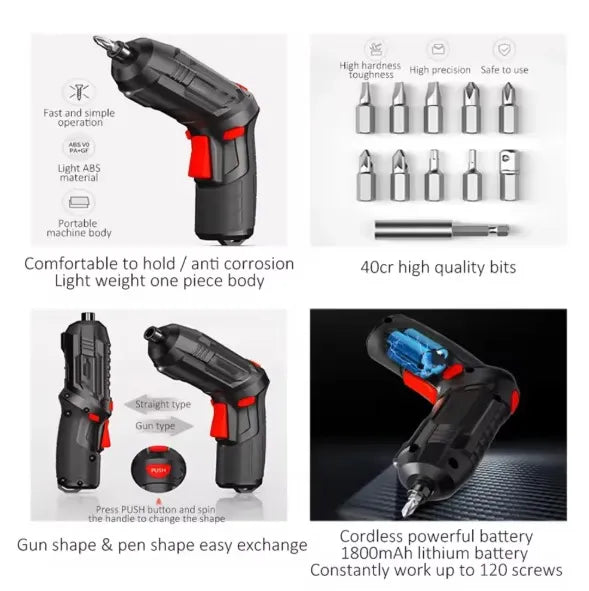Cordless screwdriver set with various features highlighted on a white background
