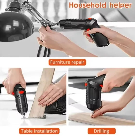 Electric drill being used for furniture repair, table installation, and drilling tasks.