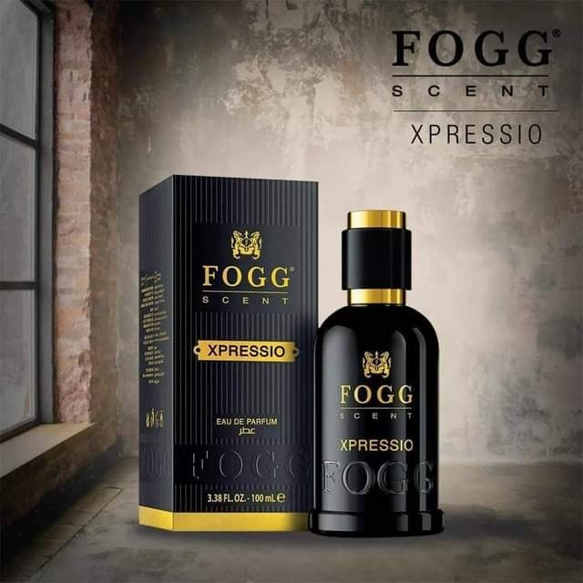 Fogg Scent Xpressio perfume bottle and packaging on a textured wall background