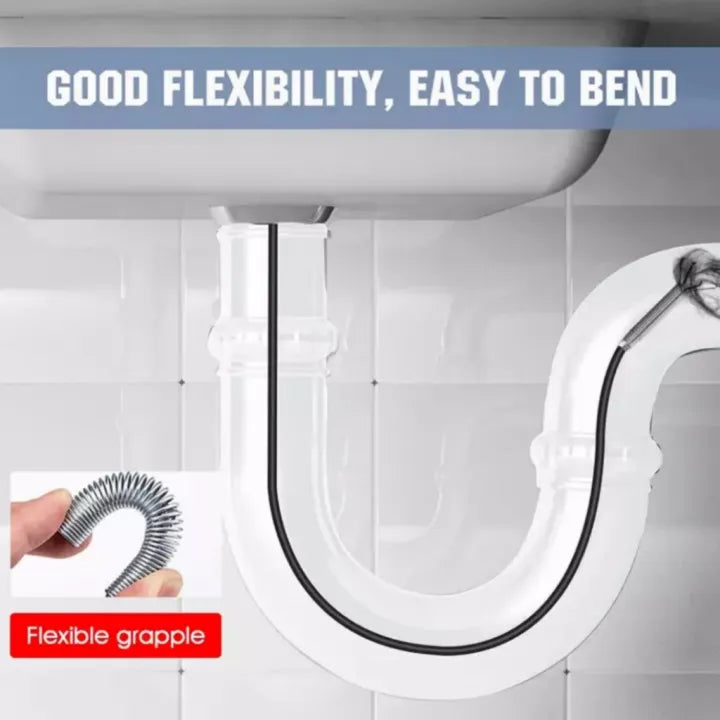 Flexible drain hose attached to a white sink with text highlighting flexibility.