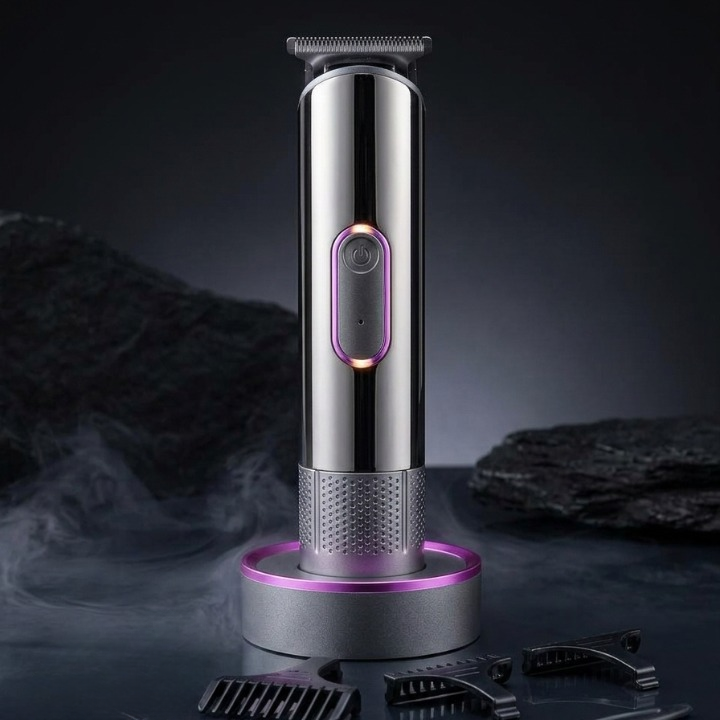Hair trimmer with attachments on a dark background