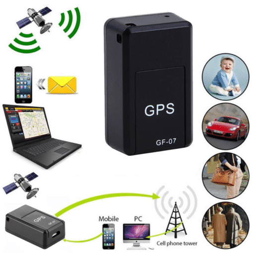 GPS tracker device with connectivity icons and images of a baby, car, and people on a white background.