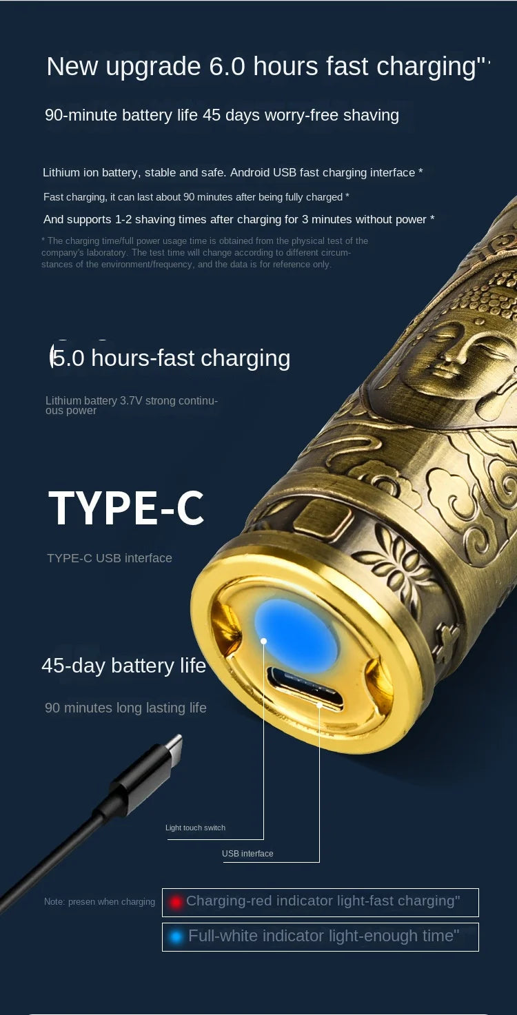 Gold electric shaver with charging cable on a dark blue background