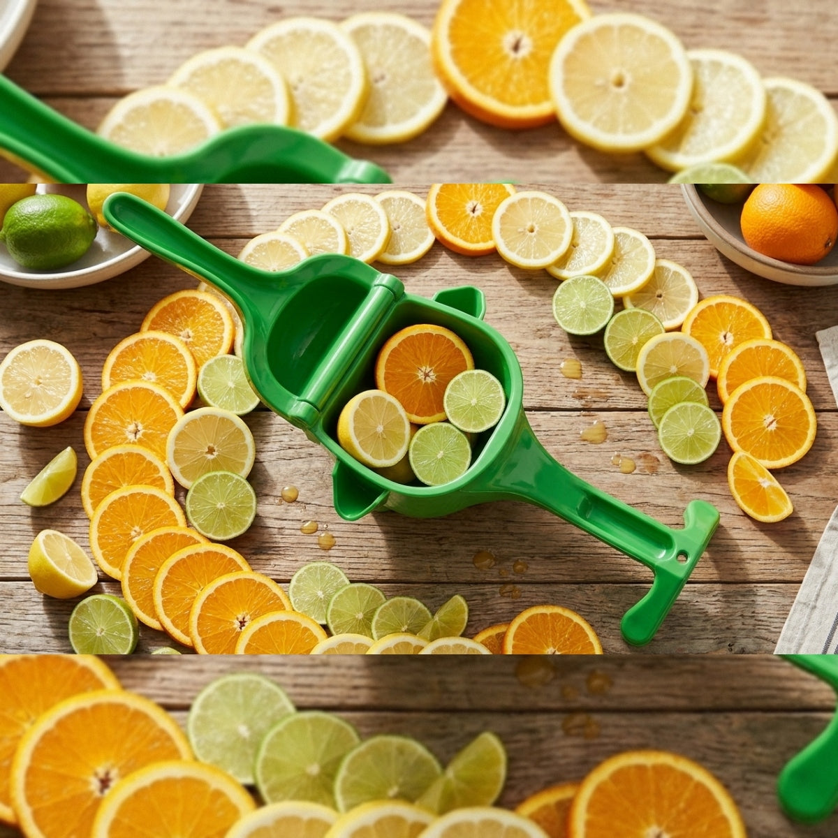 Green citrus juicer surrounded by sliced oranges, lemons, and limes on a wooden surface.