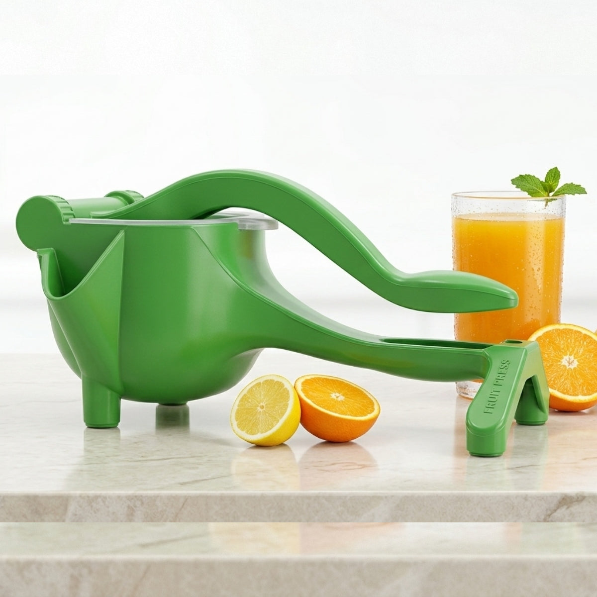 Green manual juicer with oranges and a glass of juice on a white background
