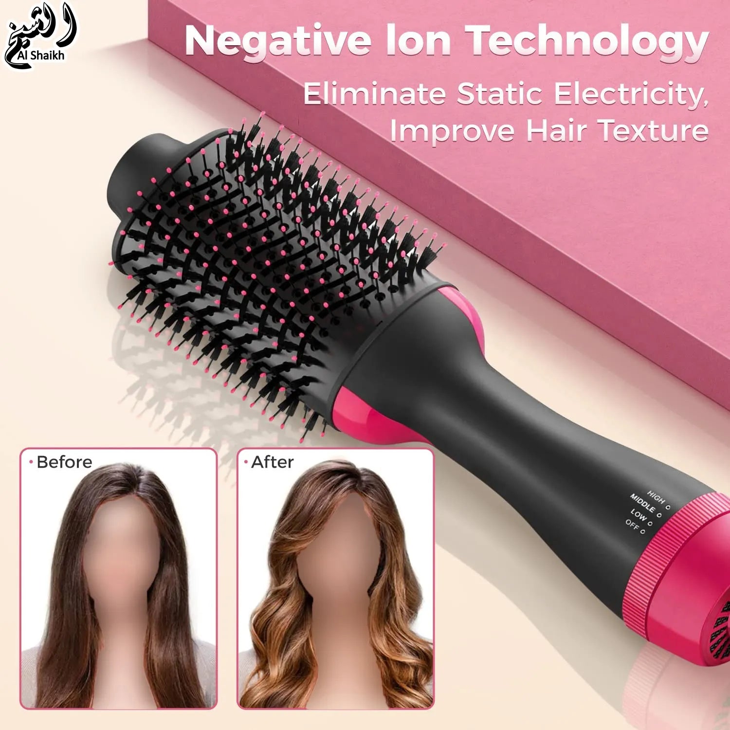 Hair styling tool with negative ion technology on a pink background