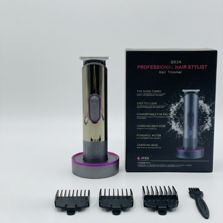 Hair trimmer with packaging and attachments on a white background