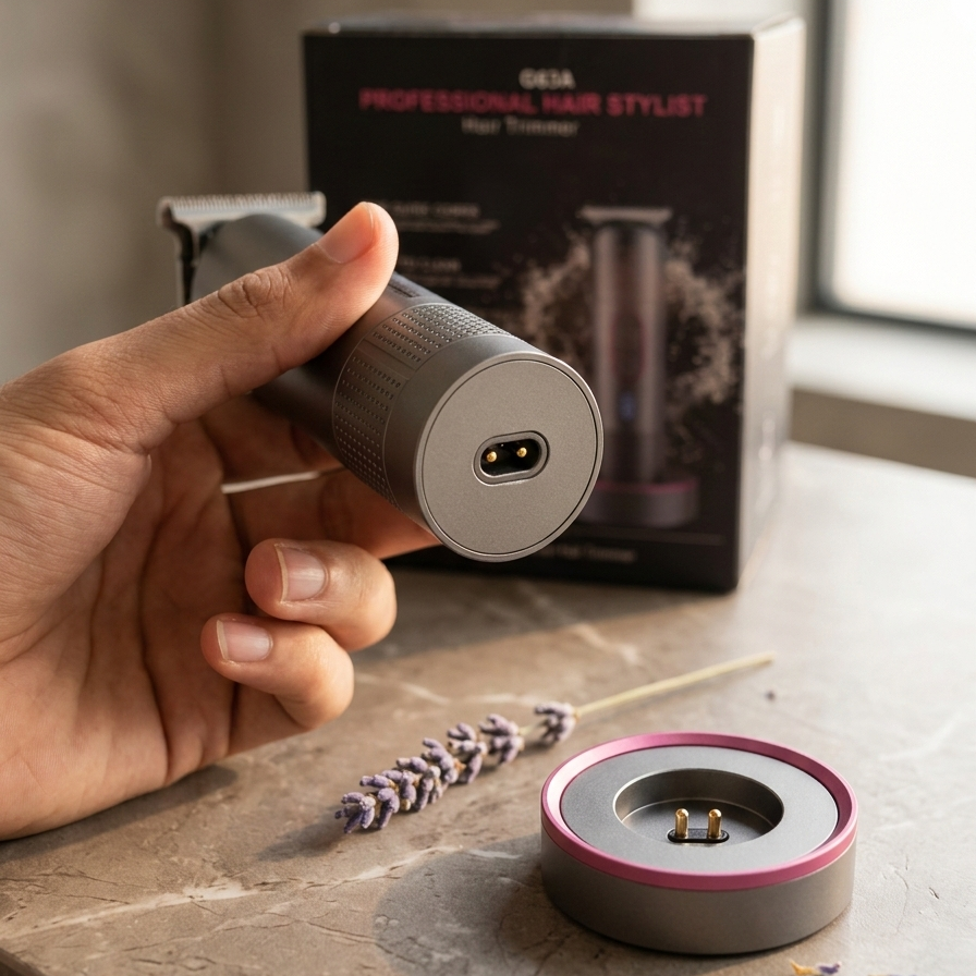 Hand holding a cylindrical electronic device on a surface with a box in the background