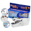 Handheld sewing machine with packaging labeled 'Handy Stitch' on a white background