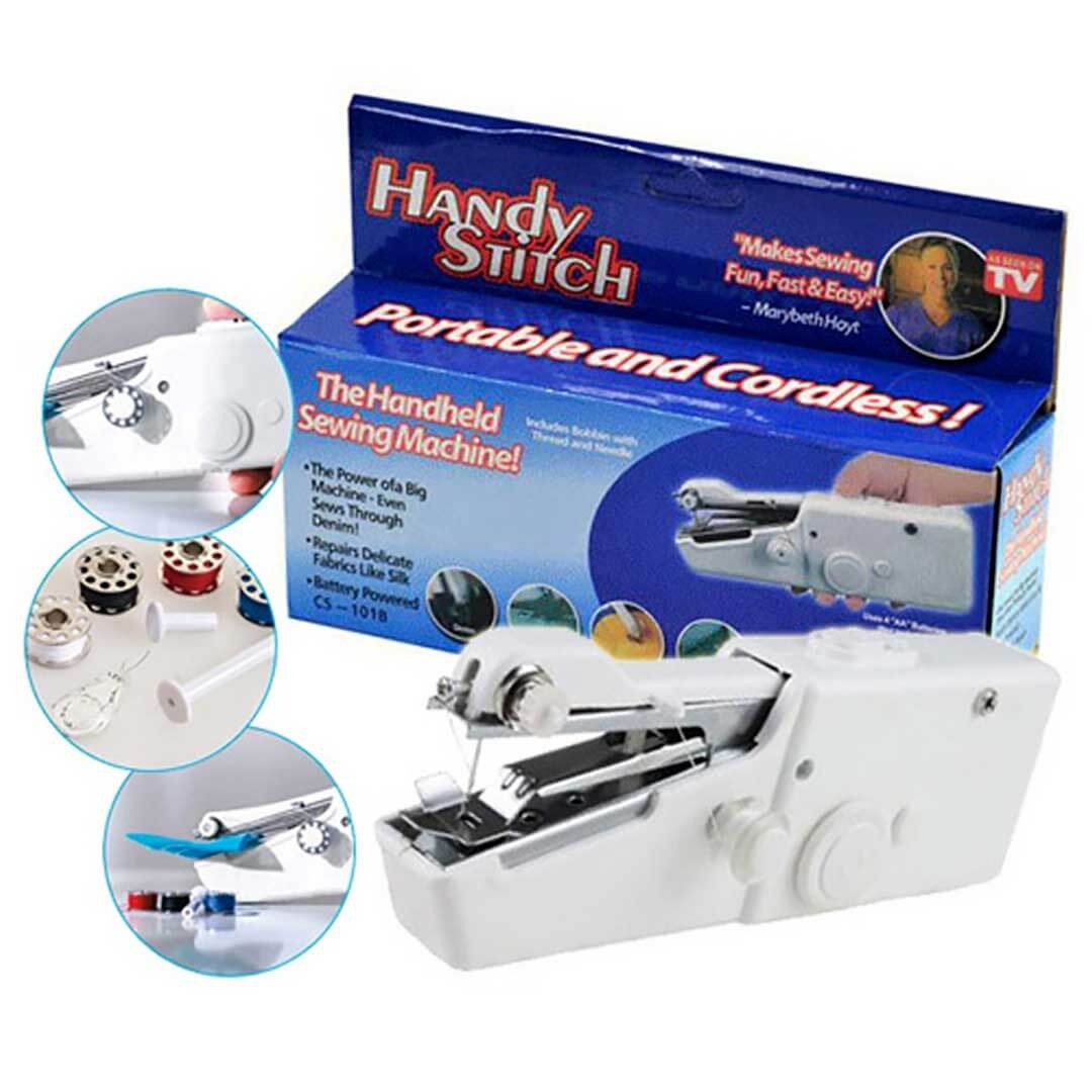 Handheld sewing machine with packaging labeled 'Handy Stitch' on a white background