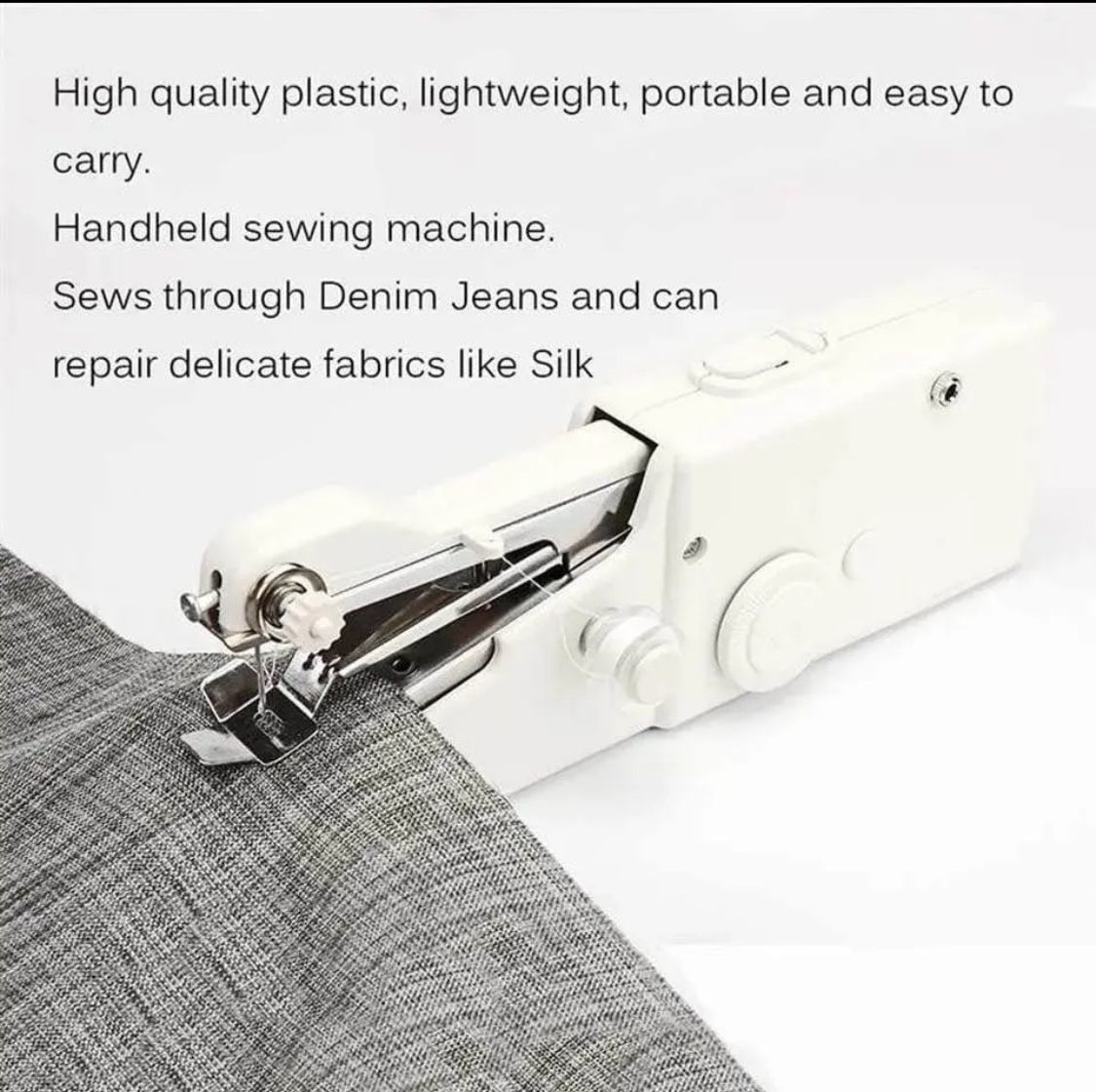 Handheld sewing machine on fabric with text describing its features