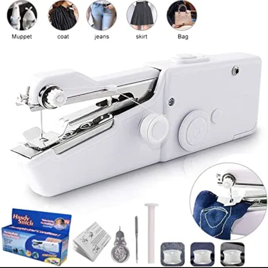 Handheld sewing machine with accessories on a white background