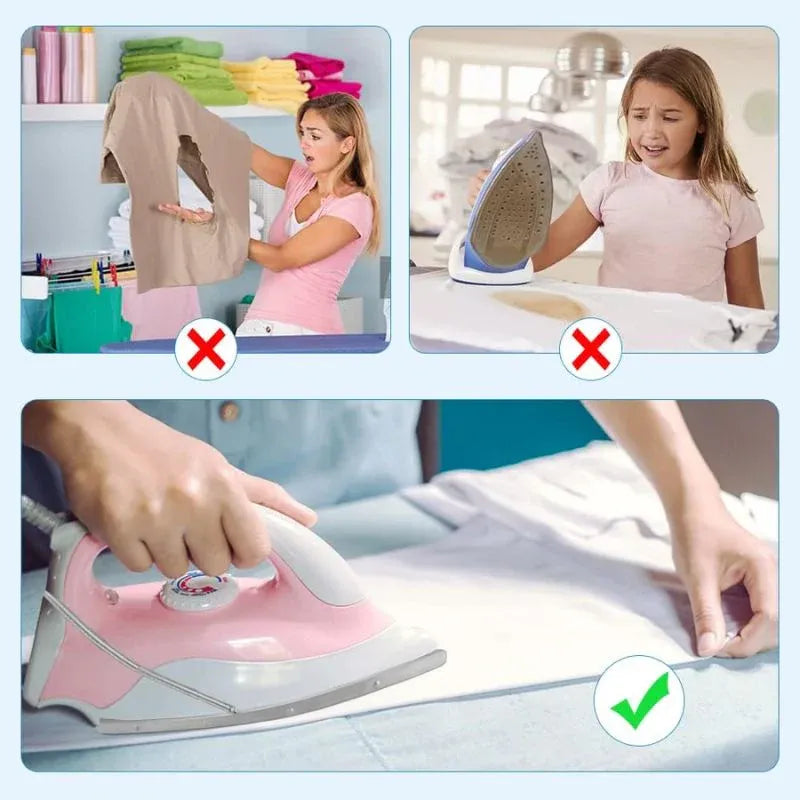 Illustration showing incorrect and correct ways to use an iron on fabric.