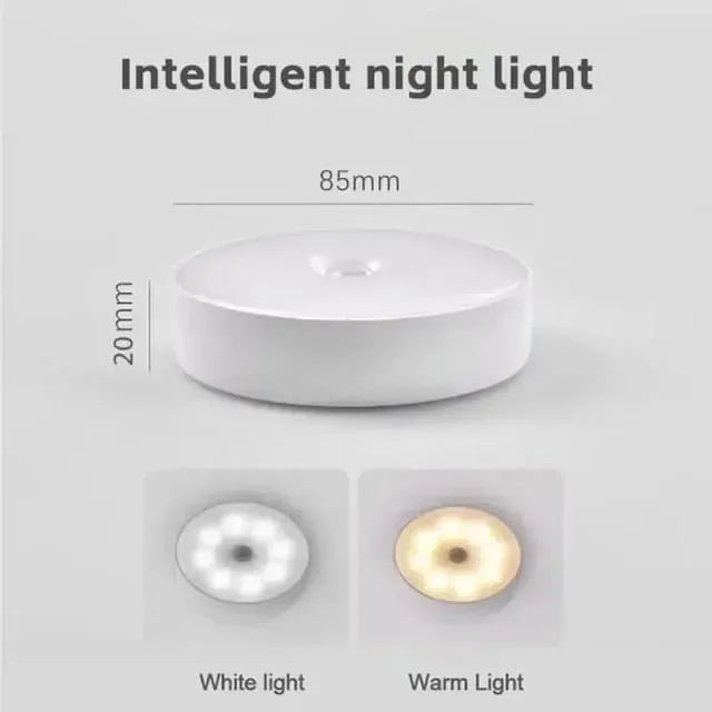 Intelligent night light with dimensions and light color options on a gray background