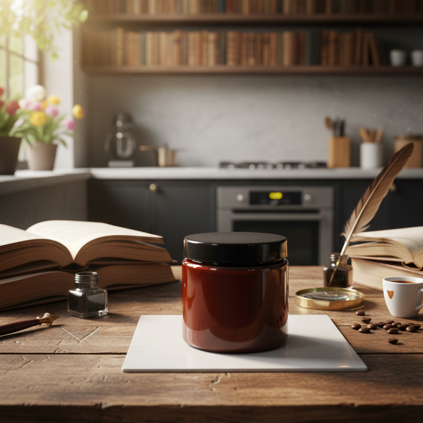 Jar on a wooden table with a kitchen in the background