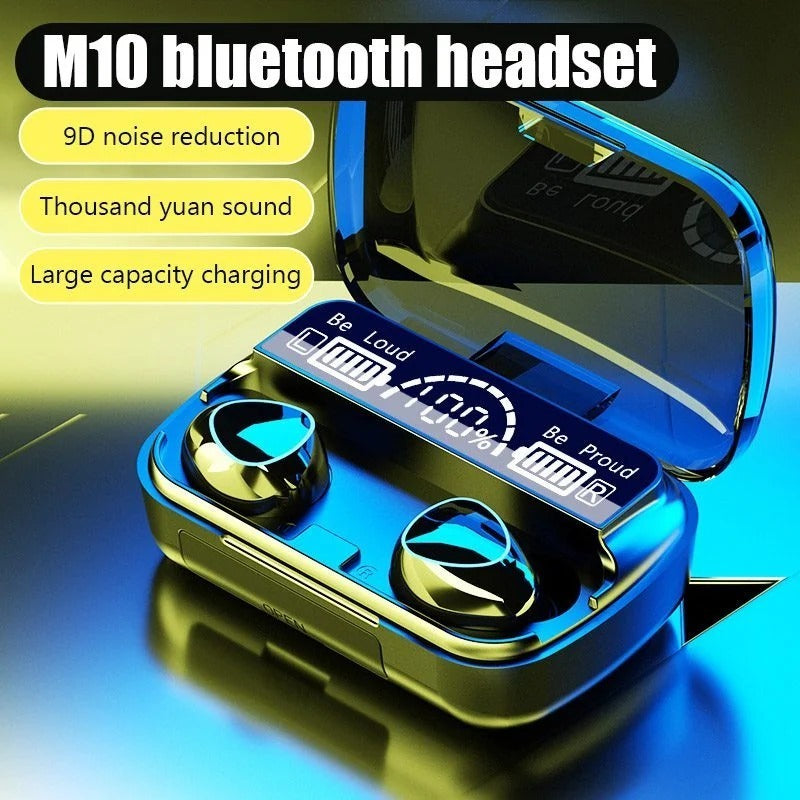 M10 Bluetooth headset with charging case on a reflective surface